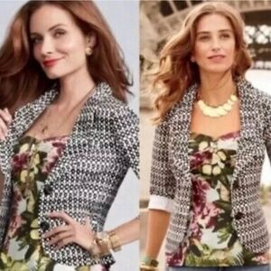 Nwot CAbi Women White Black Circles Blazer Jacket ,Du Jour Stretch, Size 4